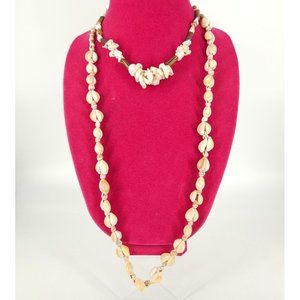 Handmade Mini Cowrie Necklace Lei SeaShell Sea Bead Set Long 31" 14" White Brown